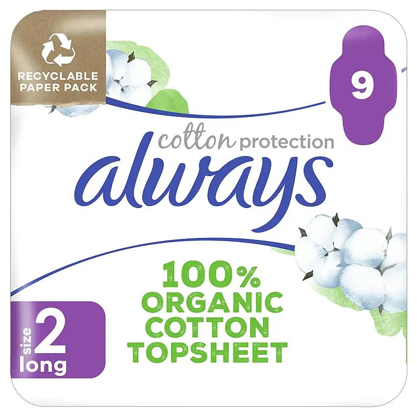 Always Cotton Long Pads Size 2 9 stk