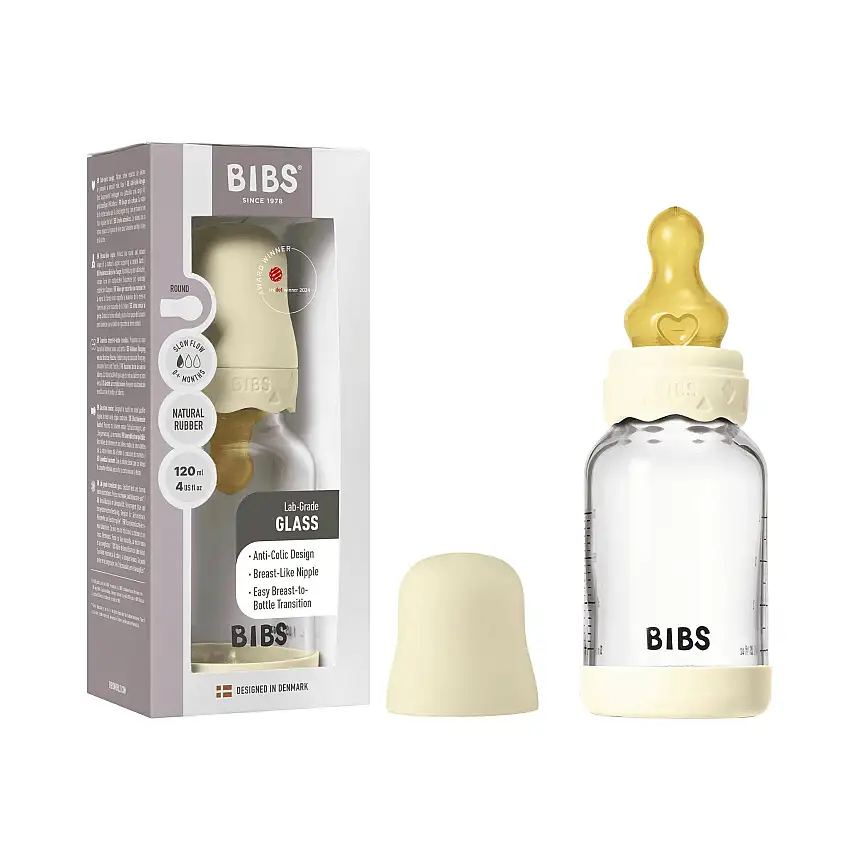 BIBS Glass Boheme Baby Bottle Round Latex 120 ml Slow Flow Ivory 120 ml