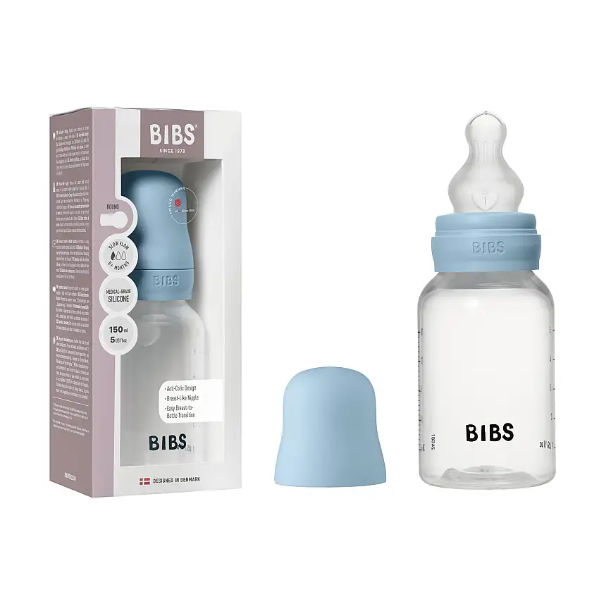 BIBS Baby Bottle Round Silicone Slow Flow Baby Blue 150 ml