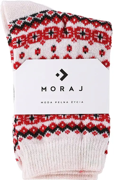 Varme sokker med ornamenter, CSW800-004, beige med røde og sorte mønstre 20037817