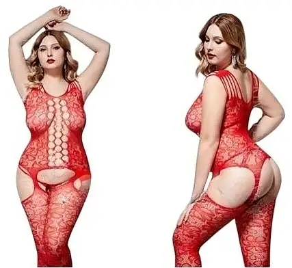 Erotisk bodystocking, elastisk med mønstre og strømper, rød 95708814